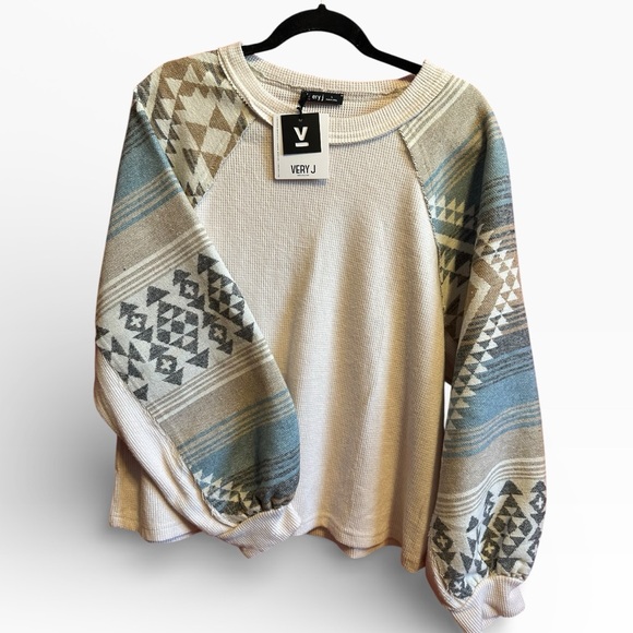 Very J Blue and Cream Aztec Pullover Sweater - Picture 2 of 4